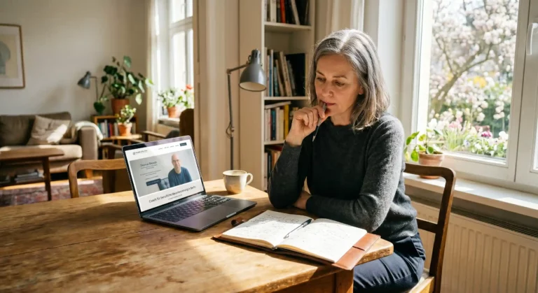 Person ab 50 sitzt mit Notizbuch und Macbook an Esstisch, nachdenklich, natürliches Licht, Karrierewechsel planen