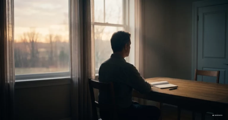 Was will ich wirklich? Person sitzt nachdenklich am Fenster mit leerem Notizbuch, symbolisiert die Suche nach beruflicher Klarheit